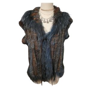 Vintage Dana Stein Collared Blue Brown Rabbit Racoon Fur Vest Coat Size XL